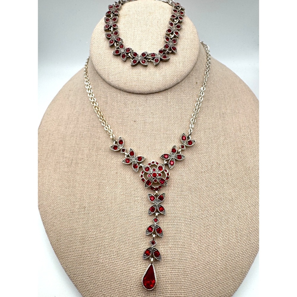 Vintage Napier Necklace Bracelet Set Red Rhinestone  Silver Tone Floral Signed